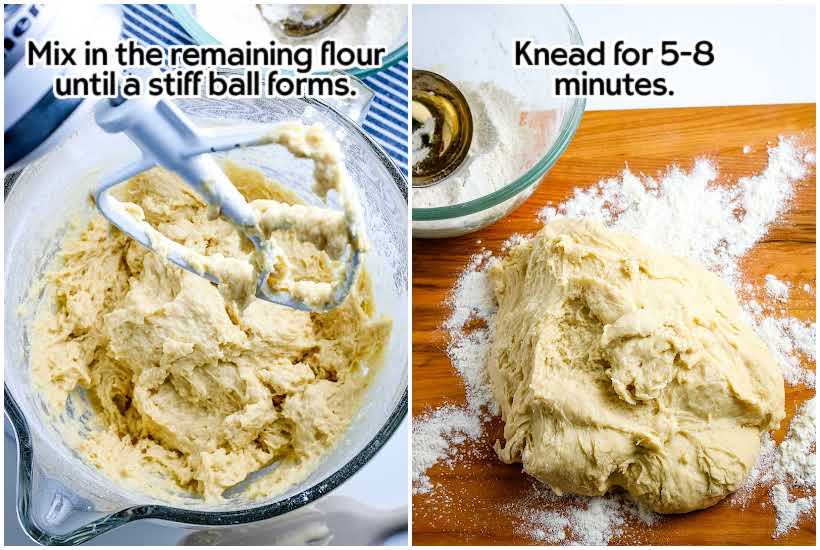 side by side pictures of dough in mixing bowl with mixer and dough on flour on a cutting board with text overlay.