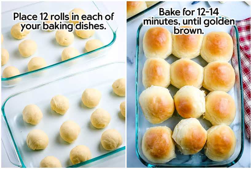 two images of 9x13 dishes with dough balls in it and a 9x13 with baked easy yeast rolls with text overlay.