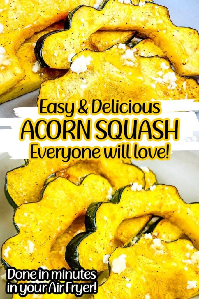 collage of two photos of air fried acorn squash slices with text overlay.