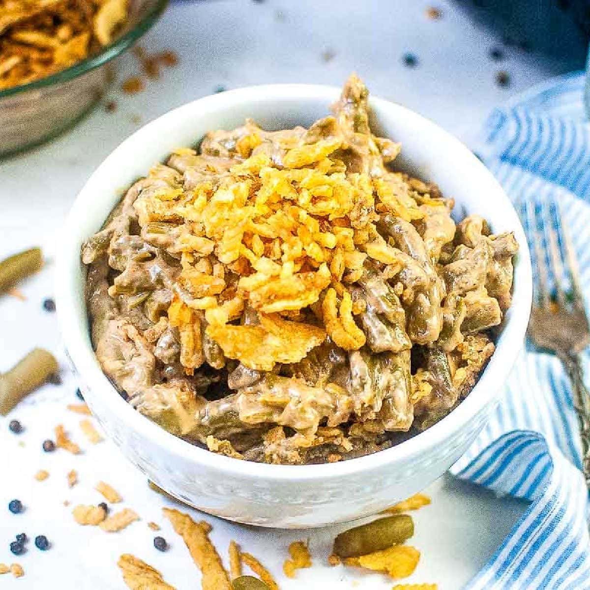 air fryer green bean casserole in a small white bowl