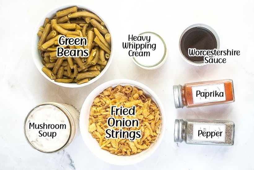 ingredients needed to make air fryer green bean casserole with text overlay.