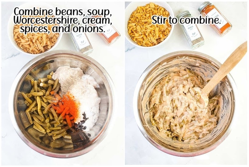 side by side images of beans, soup, worcestershire, cream and spices and ingredients combined with wooden spoon with text overlay.