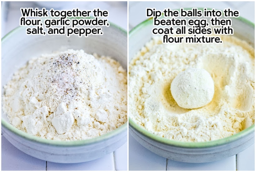 two images of flower and spices in a bowl and a ball of goat cheese rolled in the flour mixture with text overlay.