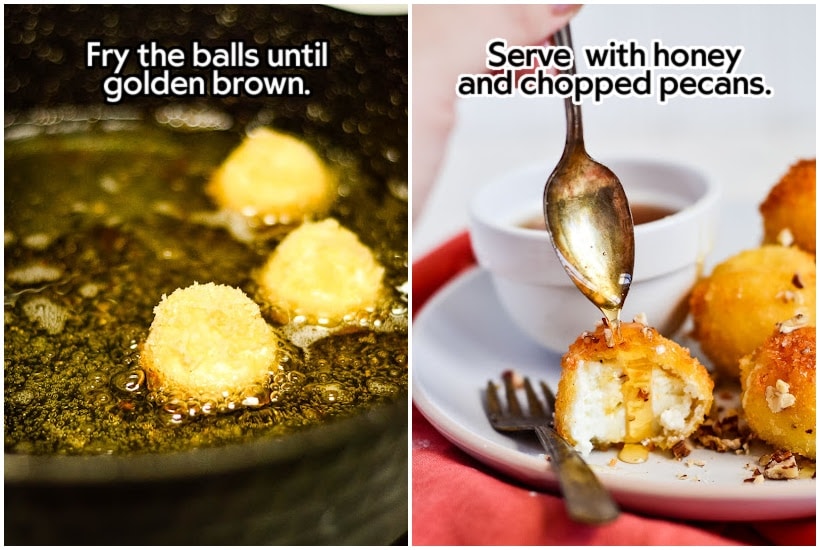 side by side images of cast iron skillet with three goat cheese balls being fried in oil and a plate of goat cheese balls with honey being added with a spoon a bite taken from the front one with text overlay.