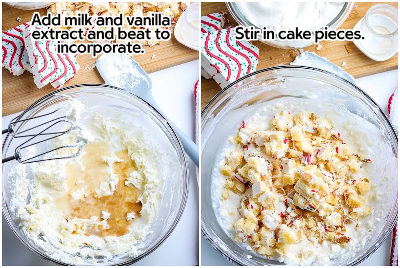 two images of milk and vanilla added to cream cheese with mixer and cake pieces added to cream cheese mixture with text overlay.