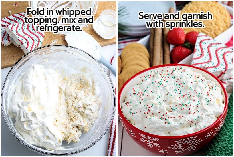 two images of whipped topping folded into cream cheese mixture and Little Debbie Christmas tree cake dip in a decorative serving bowl with text overlay.
