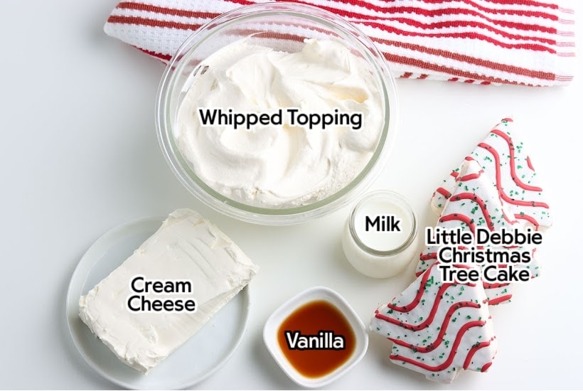 ingredients needed to make Little Debbie Christmas tree dip with text overlay.