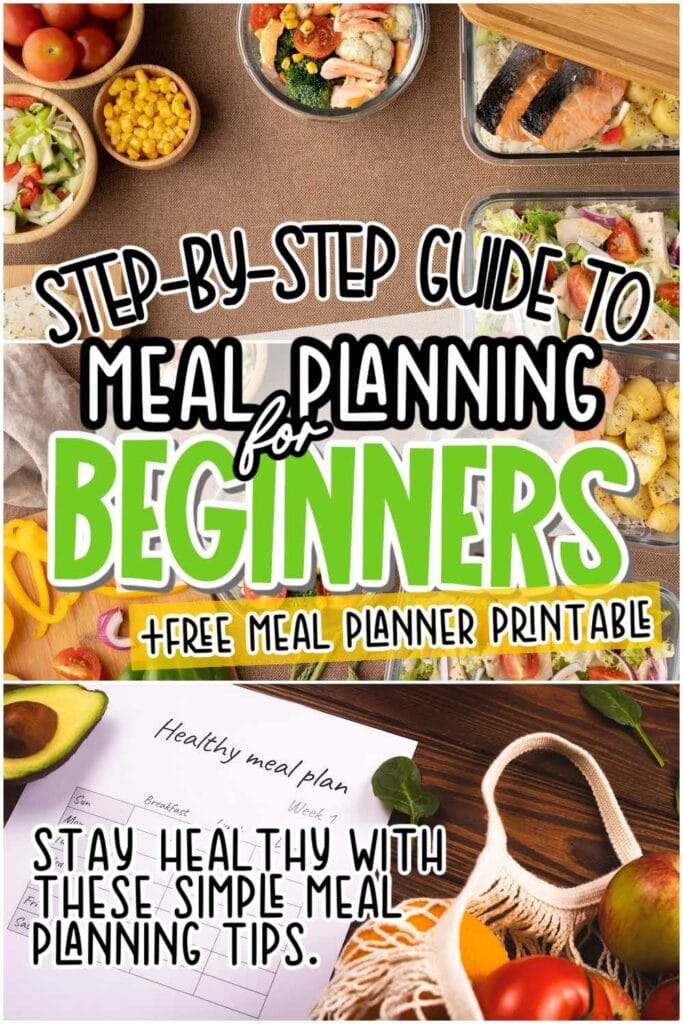 Two image collage showing meals being prepped and a meal plan page with text overlay.