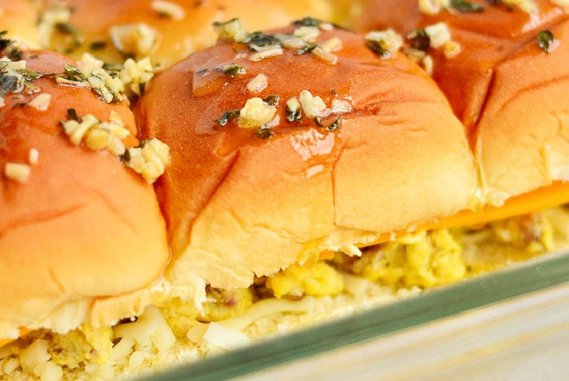 closeup view of Hawaiian bread breakfast sliders.