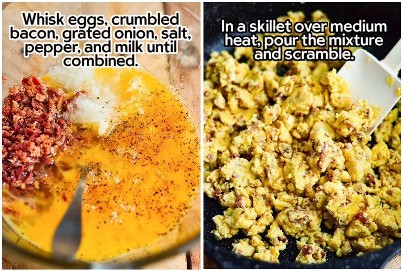 side by side images of eggs, bacon and additional ingredients in a mixing bowl and a skillet with mixture being scrambled with text overlay.