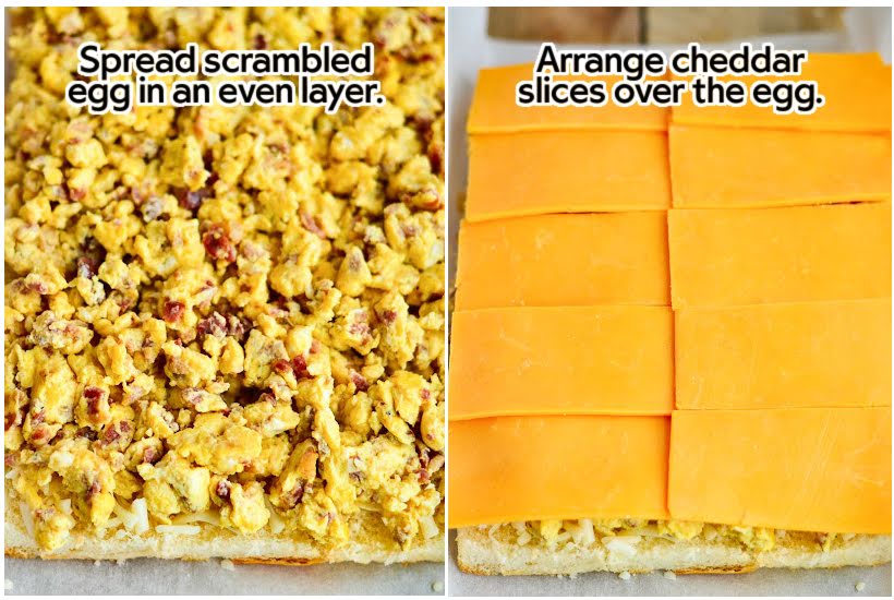two images of scrambled eggs over Hawaiian sweet rolls and cheddar slices arranged over eggs with text overlay.
