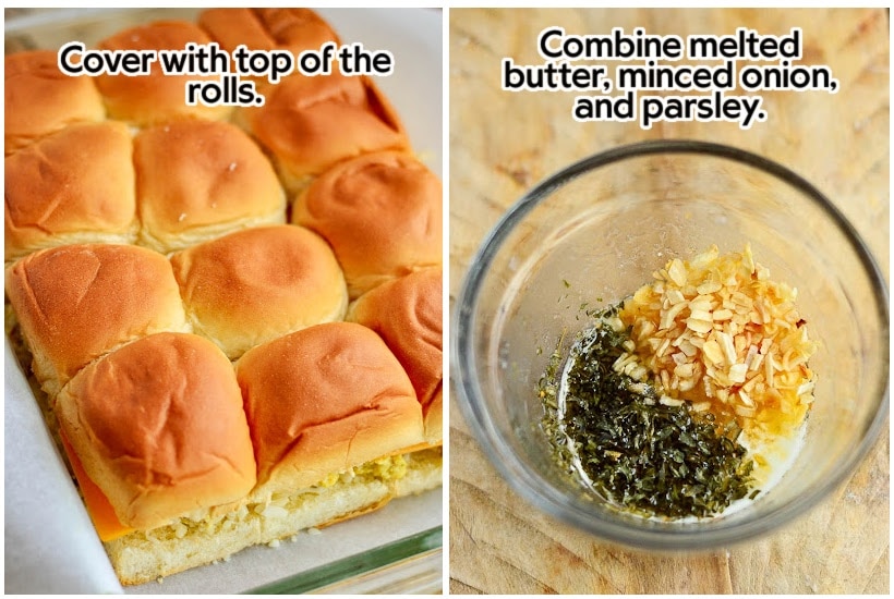 two images of top of rolls before baking and ingredients for seasoned butter in a mixing bowl with text overlay.