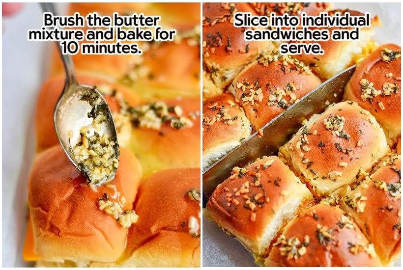 butter mixture on a spoon poured on top of rolls and rolls being sliced into individual breakfast sandwiches with text overlay.