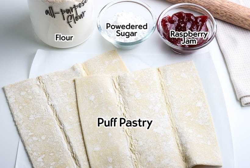 ingredients needed to make puff pastry jam twists with text overlay.