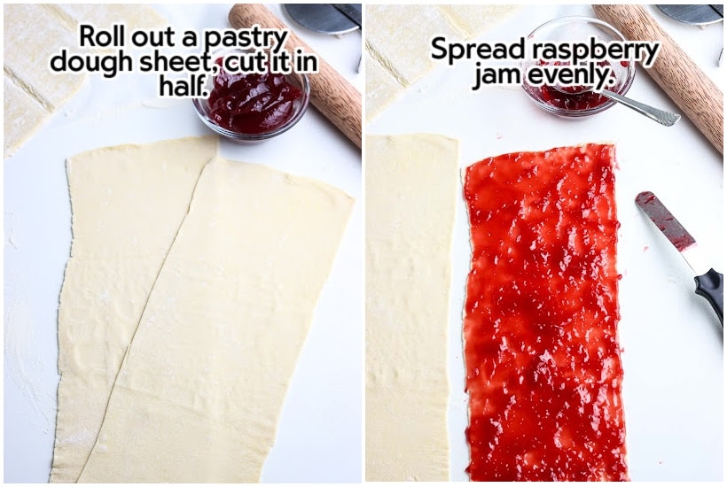 two images of rolled out puff pastry dough and raspberry jam spread on pastry dough with text overlay.