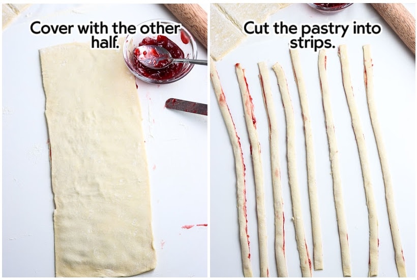 side by side images of pastry dough on covering jam half and pastry cut into strips with text overlay