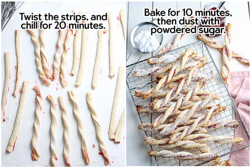 two images of strips twisted and baked raspberry pastry twists on a cooling rack with powdered sugar