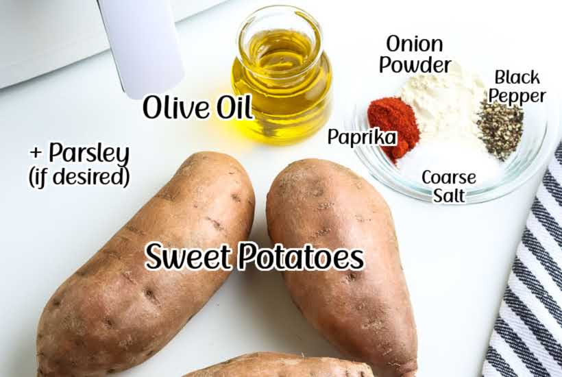 ingredients needed to make sweet potato wedges with text overlay.
