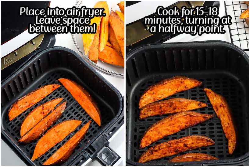 two images of sweet potato wedges in air fryer before and after cooking.