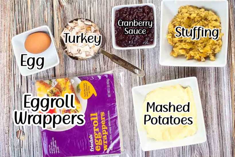 ingredients needed to make Thanksgiving egg rolls with text overlay.