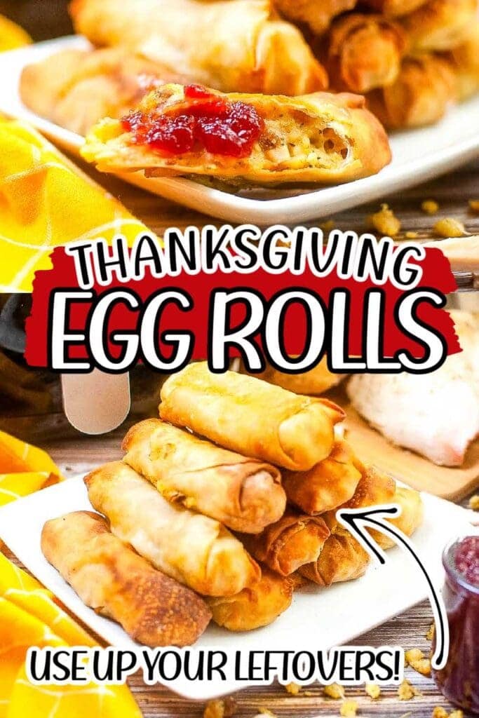 two image collage of egg roll sliced open on plate and one of stacked egg rolls on plate with text overlay.