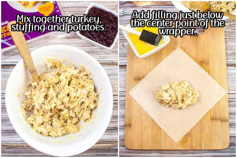 two image collage of ingredients mixed in white bowl with wooden spatula and egg roll with a spoonful of ingredients on it with text overlay.
