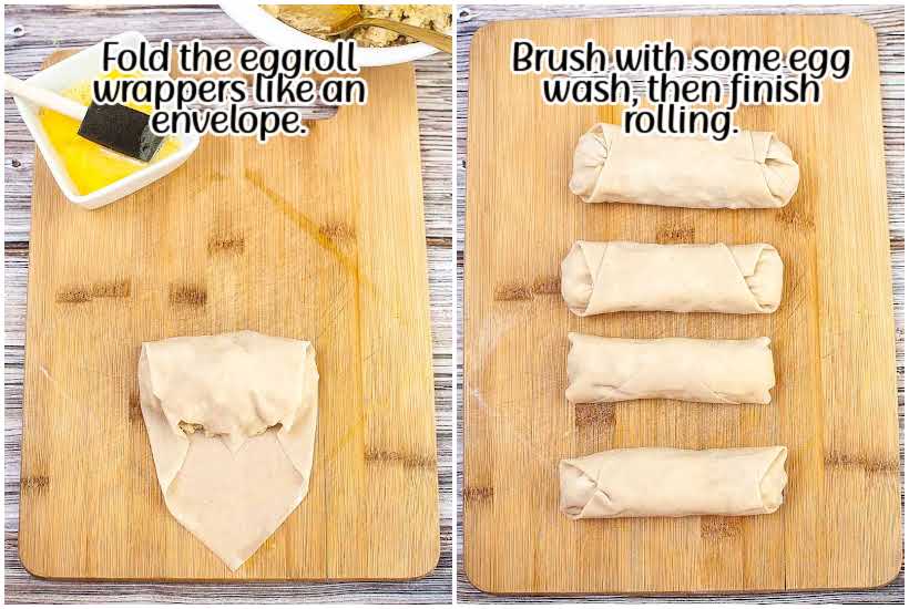 side by side images of one egg roll partially wrapped next to egg wash and four Thanksgiving egg rolls rolled on a cutting board with text overlay.