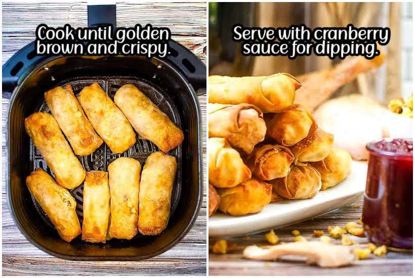 side by side images of egg rolls in an air fryer basket and Thanksgiving egg rolls stacked on a plate with text overlay.