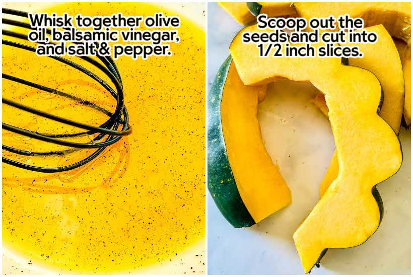 side by side images of oil vinegar mixture with whisk and cut acorn squash with text overlay.