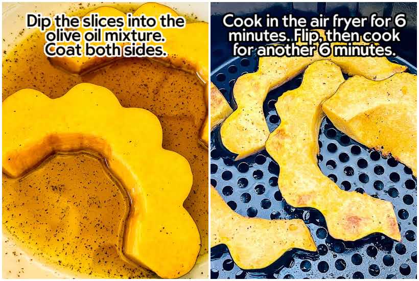 two images of acorn squash in oil mixture and acorn squash in air fryer with text overlay.