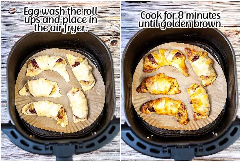 before and after of turkey crescent rolls being air fried.
