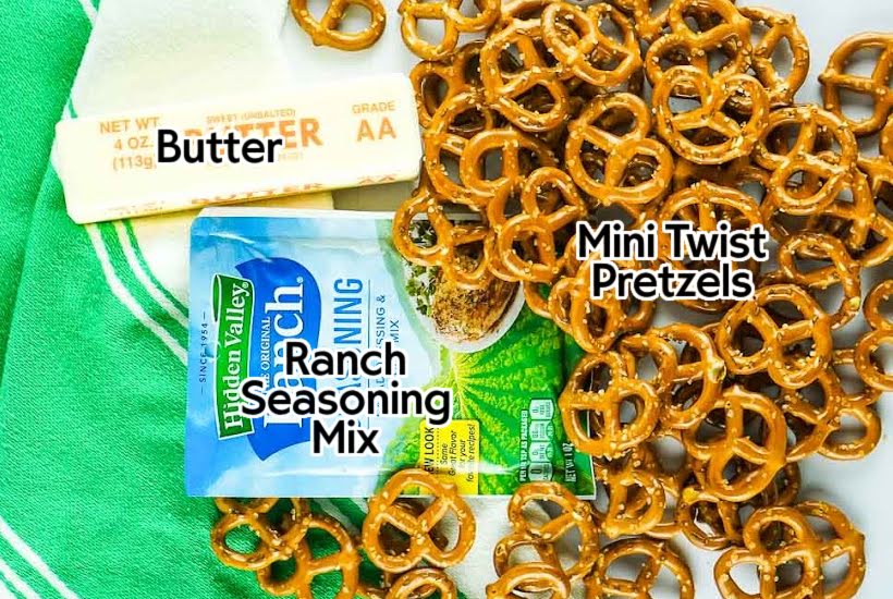 ingredients needed to make baked seasoned ranch pretzels with text overlay.