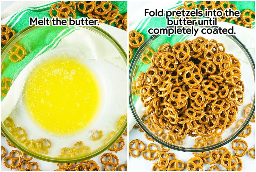 two images of melted butter in a clear mixing bowl and pretzels added to butter with text overlay.