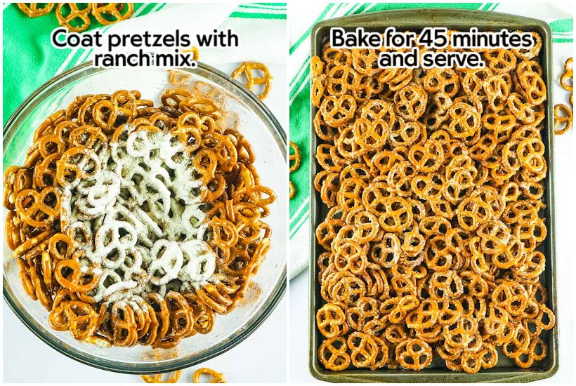 side by side images of mixing bowl full of pretzels coated with ranch seasoning mix and a baking sheet filled with ranch pretzels with text overlay.