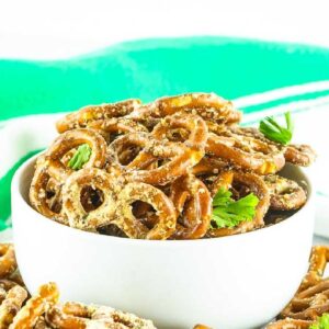 close up of baked ranch pretzels in a small white dish
