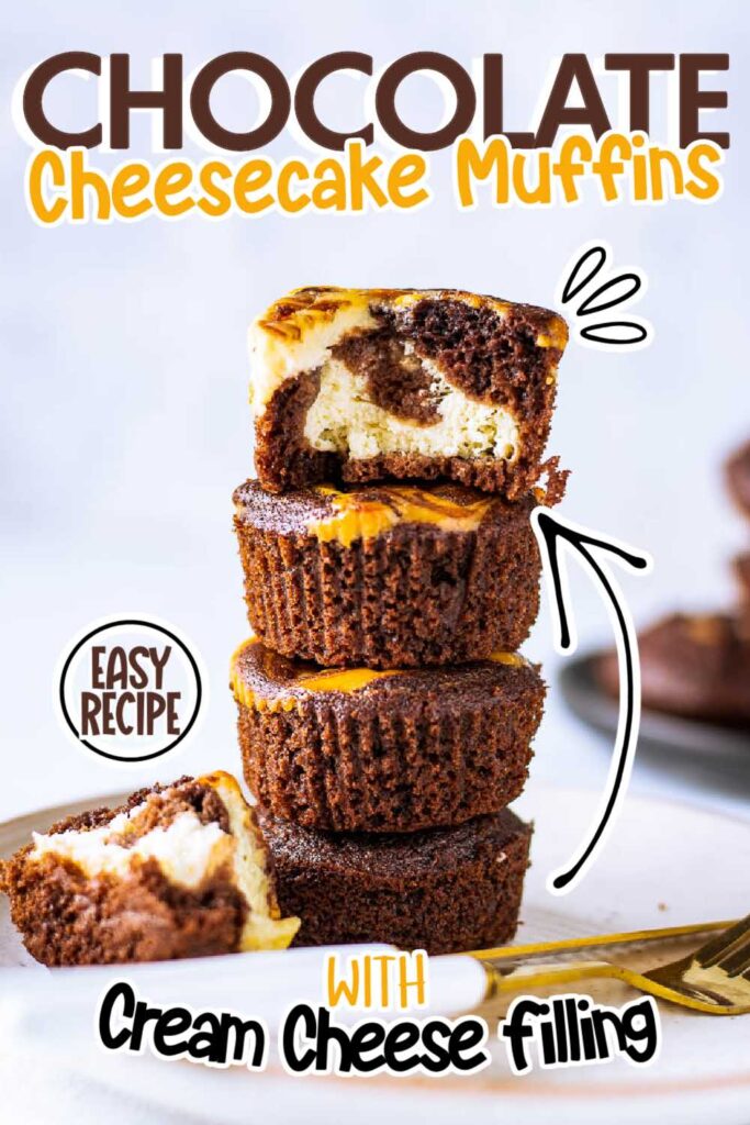 chocolate cream cheese muffins stacked on top of each other with text overlay.
