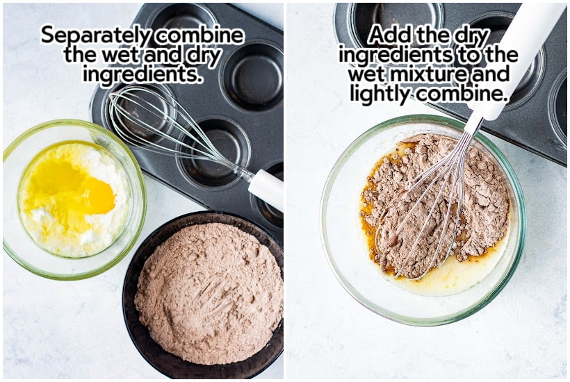 side by side images of wet and dry ingredients and muffin tin with whisk and ingredients added to mixing bowl with text overlay.