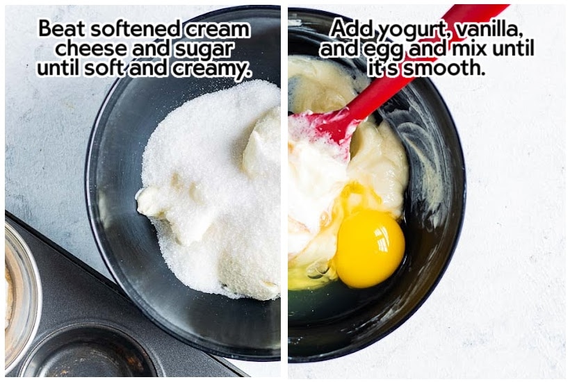 two images of cream cheese and sugar in a bowl and egg added to cream cheese mixture with text overlay.