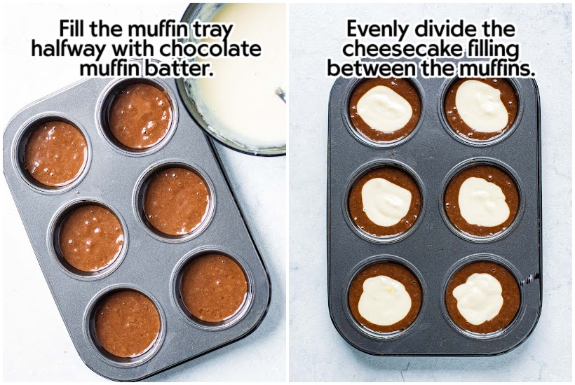 side by side images of muffin tins filled with batter and cheesecake filling added to muffin batter with text overlay.