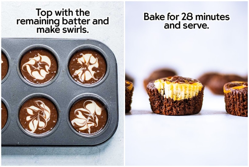 side by side images of filled muffin tin and front view of chocolate cheesecake muffins out of pan with text overlay.