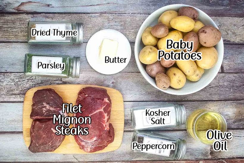 ingredients needed to make air fried filet mignon with text overlay.