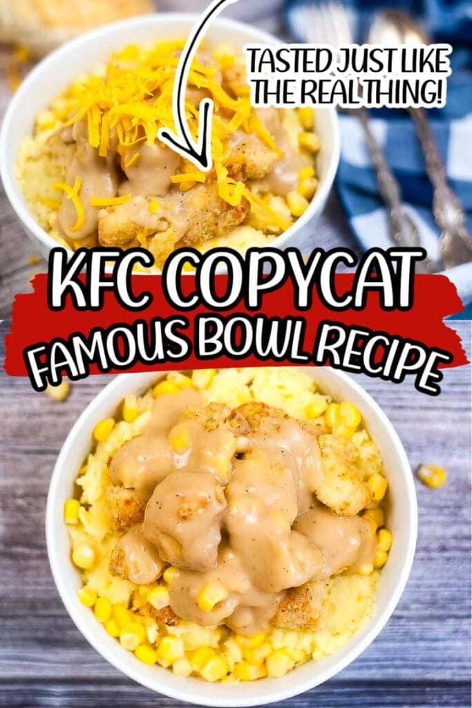 two images of kfc famous chicken bowl in white dish with text overlay.