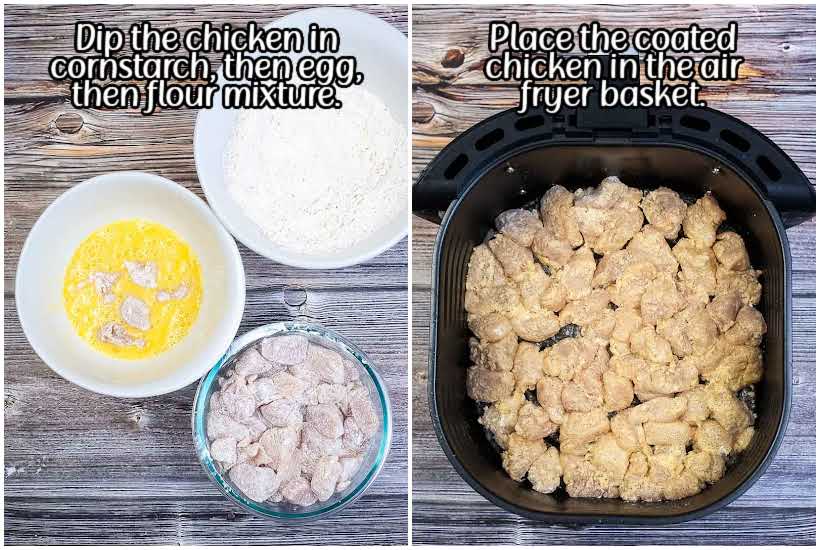 side by side images of cornstarch egg and chicken and coated chicken in air fryer with text overlay.