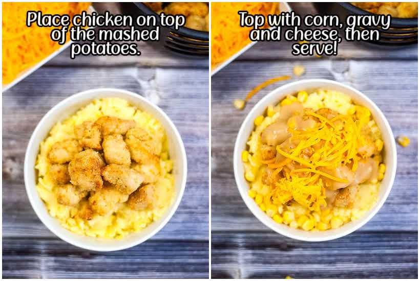 two images of chicken on top of mashed potatoes and kfc bowl topped with corn, gravy and cheese with text overlay.