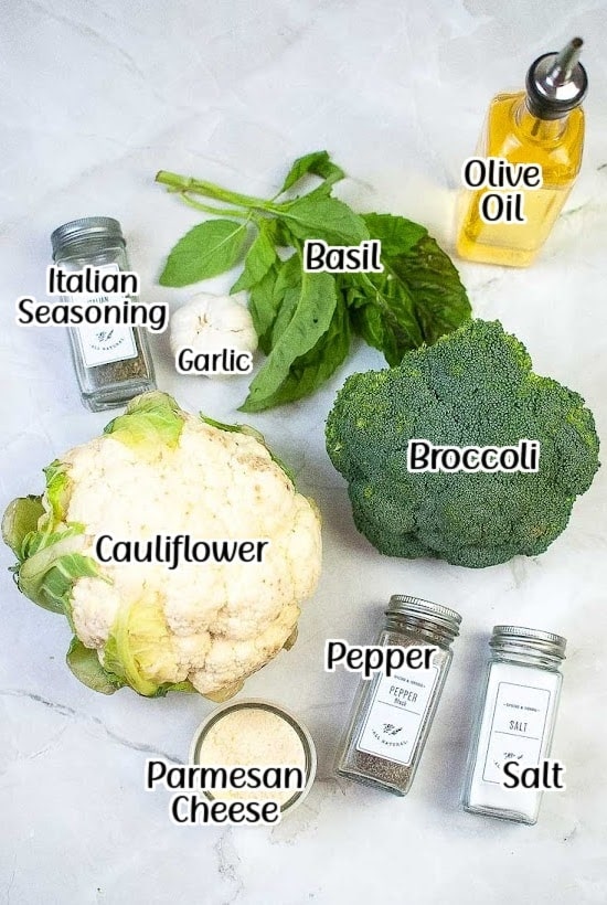 ingredients needed to make air fried broccoli and cauliflower with text overlay.