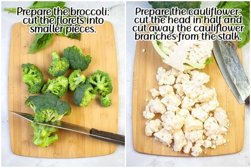 side by side images of broccoli on a cutting board with knife and cauliflower on a cutting board with knife with text overlay.