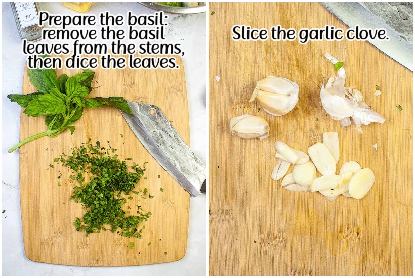two images of basil on a cutting board with knife and garlic sliced on a cutting board with text overlay.