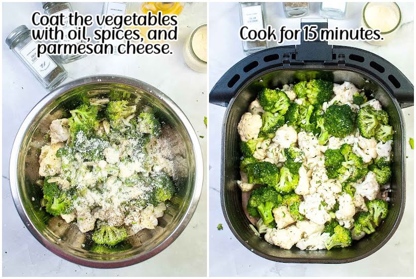 two images of vegetables coated with seasonings and vegetables in air fryer with text overlay.