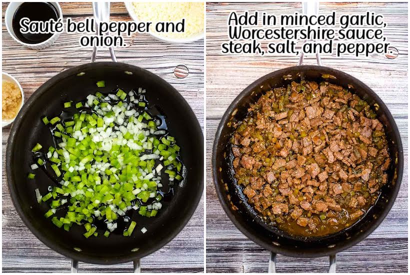 side by side images of onions and peppers in a pan with oil and steak and seasonings added to pan with text overlay.