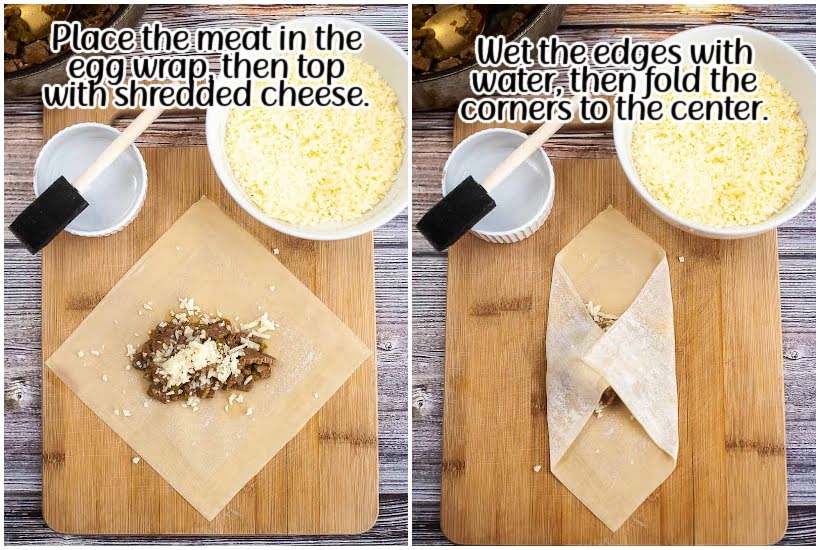 two images of egg roll wrapper with meat and cheese on it and edges of wrap folded on cutting board next to cheese and water with a brush with text overlay.